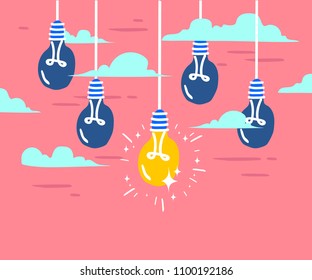 Set of hanging light bulbs with one glowing. Trendy flat vector light bulb icons with concept of idea on white background.