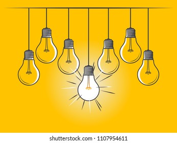 Set of hanging light bulbs with one glowing on yellow background. Icon concept of invention, study, imagination and creativity. Design element for business startup, technology, science. 