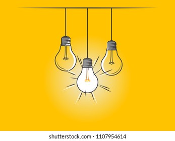 Set of hanging light bulbs with one glowing on yellow background. Icon concept of invention, study, imagination and creativity. Design element for business startup, technology, science. 