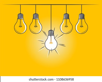 Set of hanging light bulbs with one glowing on yellow background. Icon concept of invention, study, imagination and creativity. Design element for business startup, technology, science. 