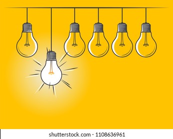 Set of hanging light bulbs with one glowing on yellow background. Icon concept of invention, study, imagination and creativity. Design element for business startup, technology, science. 
