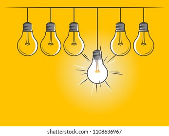 Set of hanging light bulbs with one glowing on yellow background. Icon concept of invention, study, imagination and creativity. Design element for business startup, technology, science. 