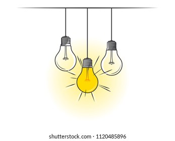 Set of hanging light bulbs with one glowing on yellow background. Icon concept of invention, study, imagination and creativity. Design element for business startup, technology, science. 
