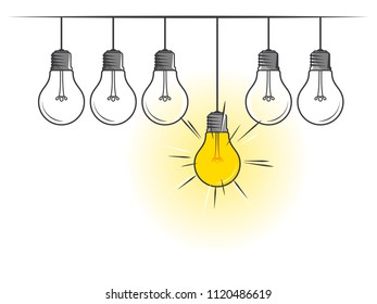 Set of hanging light bulbs with one glowing on white background. Icon concept of invention, study, imagination and creativity. Design element for business startup, technology, science. 