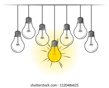 Set of hanging light bulbs with one glowing on white background. Icon concept of invention, study, imagination and creativity. Design element for business startup, technology, science. 