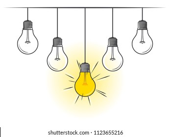 Set of hanging light bulbs with one glowing on white background. Icon concept of invention, study, imagination and creativity. Design element for business startup, technology, science. 