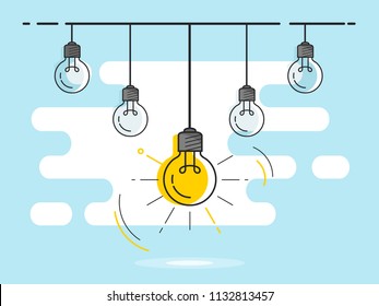 Set of hanging light bulbs with one glowing. Trendy flat vector light bulb icons with concept of idea on blue background. 