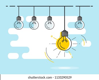 Set of hanging light bulbs with one glowing. Trendy flat vector light bulb icons with concept of idea on blue background. 