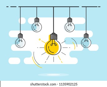 Set of hanging light bulbs with one glowing. Trendy flat vector light bulb icons with concept of idea on blue background. 