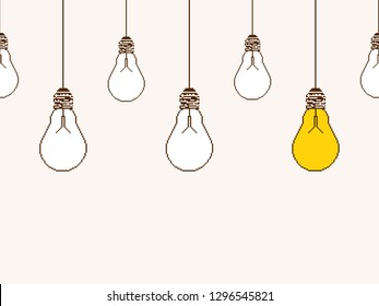 Set of hanging light bulbs with one glowing. Energy and idea symbol. Decoration for greeting cards, patches, prints for clothes, badges, posters. Seamless pattern. Pixel art. 8 bit.