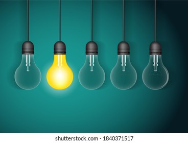 Set of hanging light bulbs with one glowing. Vector light bulb icons with concept of idea.