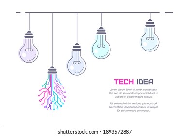Set of hanging light bulbs with one in form of printed circuit board. New technology idea concept