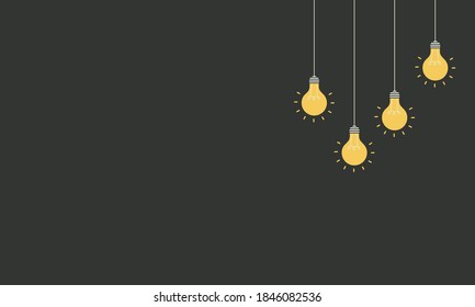 Set of hanging light bulbs. Trendy flat vector light bulb icons with concept of idea on black background.