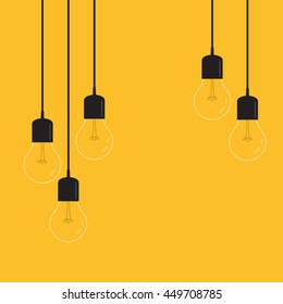 Set of hanging light bulbs. Trendy flat vector light bulb icons with concept of idea on yellow background. 