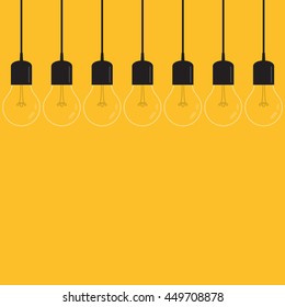 Set of hanging light bulbs. Trendy flat vector light bulb icons with concept of idea on yellow background. 
