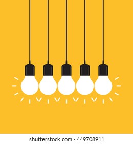 Set of hanging light bulbs. Trendy flat vector light bulb icons with concept of idea on yellow background. 