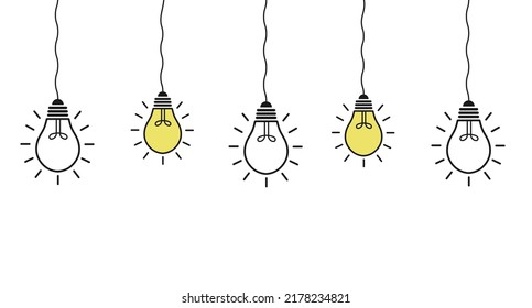 A set of hanging light bulbs.Flat vector light bulb icons with the concept of ideas. Light bulb line icons vector on white background. Bulb, ideas, creative icon symbol.