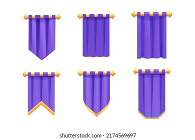 Set hanging medieval banner flag with cloth texture and golden decoration in cartoon style isolated on white background. Ui game asset, heraldic design element,