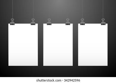 Set of hanging papers. Vector illustration of leaf of papers  isolated on dark background for templates, mock ups and backgrounds