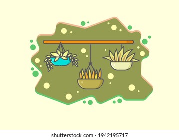 a set of hanging plant vectors with green decoration on a beige background. plant vector. home decoration. flat cartoon. vector stock illustration. can be used for wallpaper, background, and banner