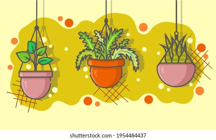 un conjunto de plantas colgantes con un dorado y un fondo beige. ilustración vectorial. macetas. vector de planta. decoración en casa. se puede utilizar para fondo de pantalla, fondo y tarjetas de invitación