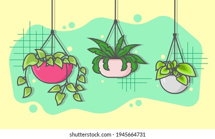 un conjunto de plantas colgantes con la función de decorar la casa con un fondo azul y beige. vector de planta. ilustración vectorial. decoración en casa. plantas de dibujos animados. se puede utilizar para fondos de pantalla.