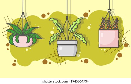 un conjunto de plantas colgantes, una decoración casera con un fondo verde y beige. vector de planta. ilustración vectorial. plano de caricatura. decoración en casa. se puede usar para fondo, fondo, cartel.