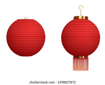 Set of hanging red Chinese lanterns isolated on white background. Traditional chinese lanterns