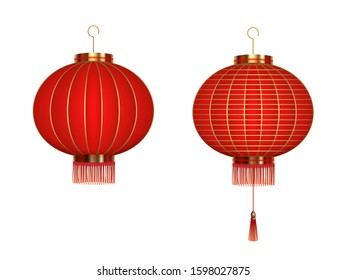 Set of hanging red Chinese lanterns isolated on white background. Traditional chinese lanterns