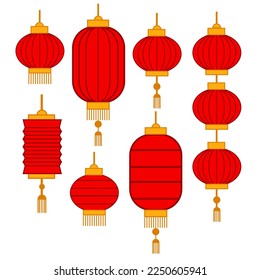 Set of hanging red Chinese lanterns.Japanese lamps.Chinese or lunar new year.Oriental festival.Asia concept.Chinatown traditional.Sign, symbol, icon or logo isolated.Cartoon vector illustration.