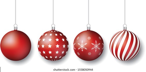 Set of hanging red Christmas balls isolated on white background. The festive realistic ball vectors for greeting card, banner or poster design and decoration.