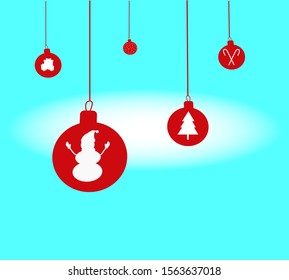 set of hanging red Christmas balls with different patterns on them, on a turquoise background