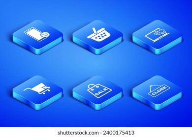 Set Hanging sign with Close, Mobile and shopping cart, Shopping bag Sale, cursor, basket and on laptop icon. Vector