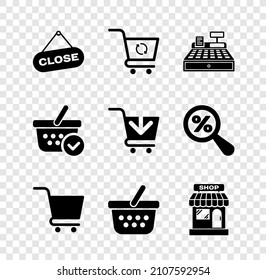 Set Hanging sign with Close, Refresh shopping cart, Cash register machine, Shopping, basket, Market store, check mark and Add icon. Vector