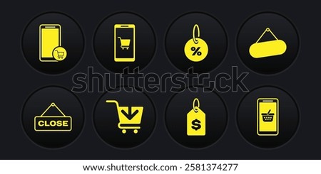 Set Hanging sign with Close, Signboard hanging, Add to Shopping cart, Price tag dollar, Discount percent, Mobile and shopping, basket and  icon. Vector