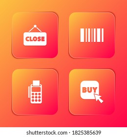 Das Hanging-Zeichen wird mit Closed, Barcode, POS Terminal Kreditkarte und Kaufen Button Symbol gesetzt. Vektorgrafik.