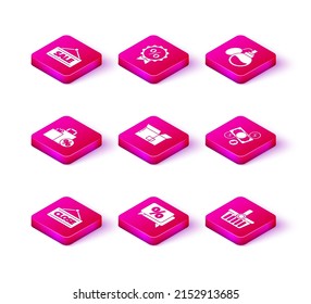 Fijar el signo de ahorcamiento con Closed, Descuento por porcentaje de la etiqueta, Descuento de bolsos de compras, Caja de cartón, Cesta de compras, Dinero en efectivo y moneda, Perfume e icono. Vector