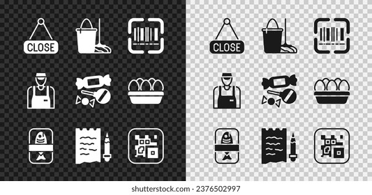 Set Hanging sign with Closed, Mop and bucket, Scanner scanning bar code, Fish plastic tray container, Shopping list pencil, QR, Seller and Candy icon. Vector