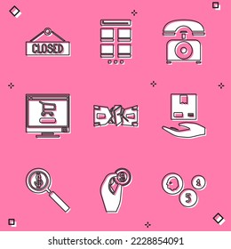 Set Hanging sign with Closed, Online shopping on mobile, Telephone, Shopping cart computer, Crumpled paper money cash, Delivery hand boxes, Magnifying glass dollar and Hand holding coin icon. Vector