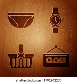 Set Hanging sign with Closed, Underwear, Shopping basket and Wrist watch on wooden background. Vector