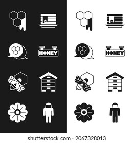 Set Hanging sign with honeycomb, Honeycomb, Stack of pancakes, Bee and, Hive for bees, Beekeeper protect hat and Flower icon. Vector