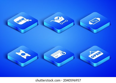 Set Hanging sign with Open, Button text New, Credit card and dollar, Coupon, Shopping cart check mark and Discount percent tag icon. Vector