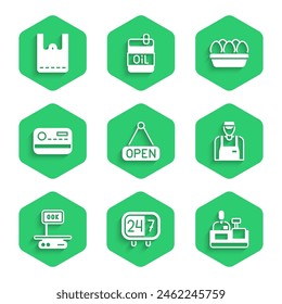 Set Hanging sign with Open, Clock 24 hours, Cashier at cash register, Seller, Electronic scales, Credit card, Chicken egg box and Paper shopping bag icon. Vector