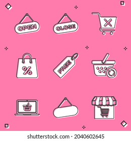 Set Hanging sign with Open door, Close, Remove shopping cart, Shopping bag percent, Price tag Free, Refresh basket, on laptop and Signboard hanging icon. Vector