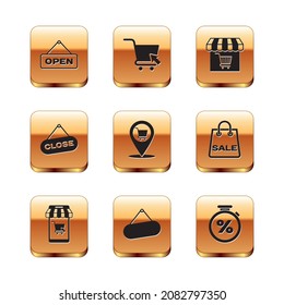 Set Hanging sign with Open door, Mobile and shopping cart, Signboard hanging, Location, Close, Market store, Stopwatch percent and Shopping cursor icon. Vector