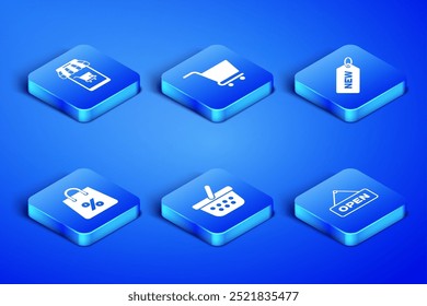 Set Hanging sign with Open door, Mobile and shopping cart, Shopping basket, bag percent,  and Price tag New icon. Vector