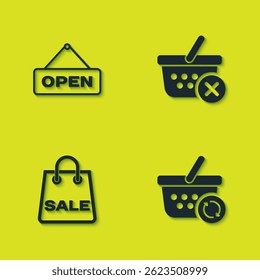 Set Hanging sign with Open door, Refresh shopping basket, Shopping bag Sale and Remove icon. Vector