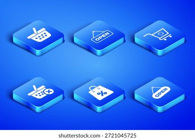 Establecer signo colgante con puerta abierta, cesta de la compra, porcentaje de bolso, eliminar compras y actualizar el ícono de Carrito. Vector