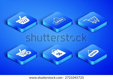 Set Hanging sign with Open door, Shopping basket, bag percent, Remove shopping,  and Refresh cart icon. Vector