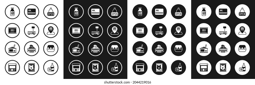 Set Hanging sign with Open, Electronic scales, Canned fish, Bottle milk, Location Market store, Credit card, Chicken egg box and Tin can caviar icon. Vector